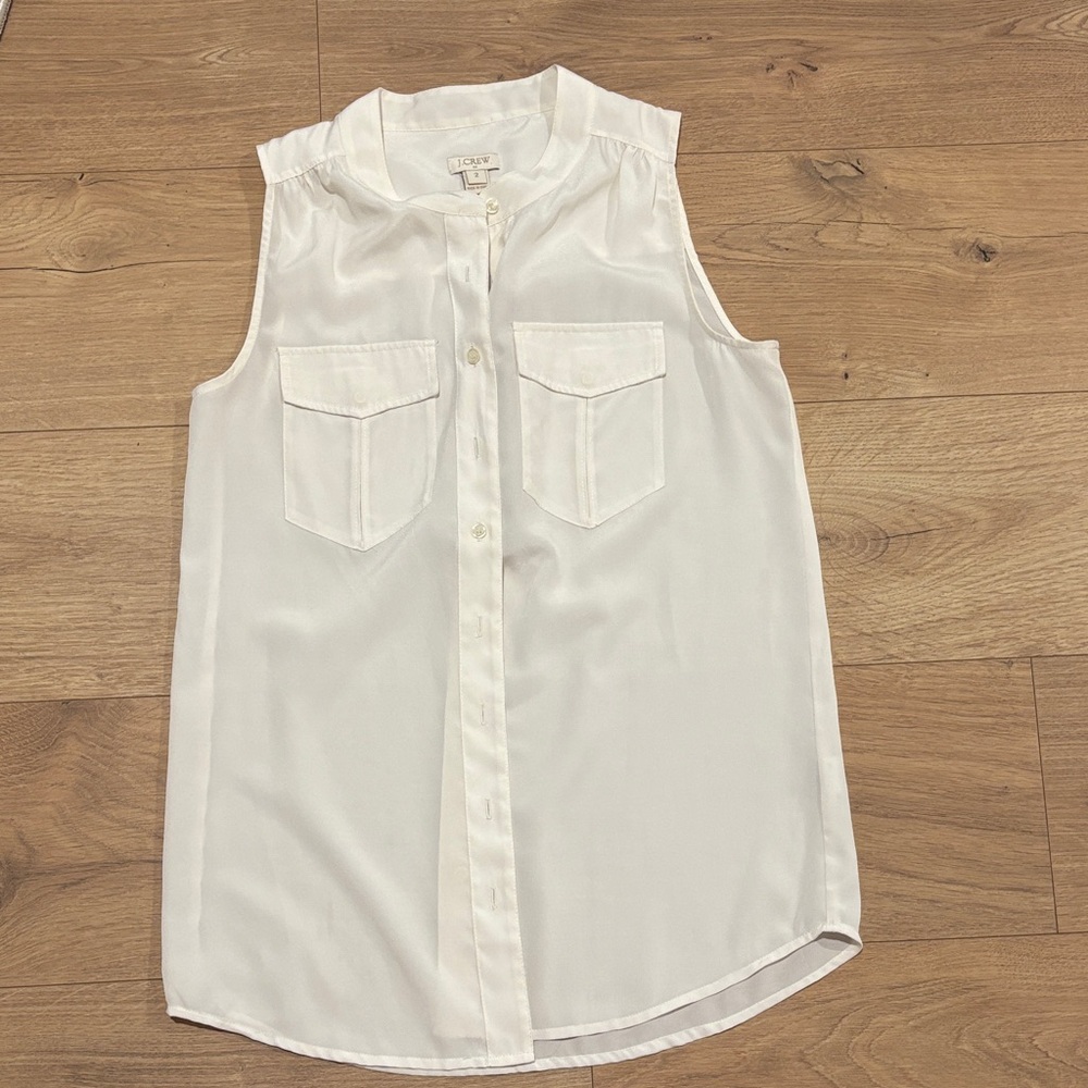 J. Crew White Sleeveless Button-Front Pocket Blouse